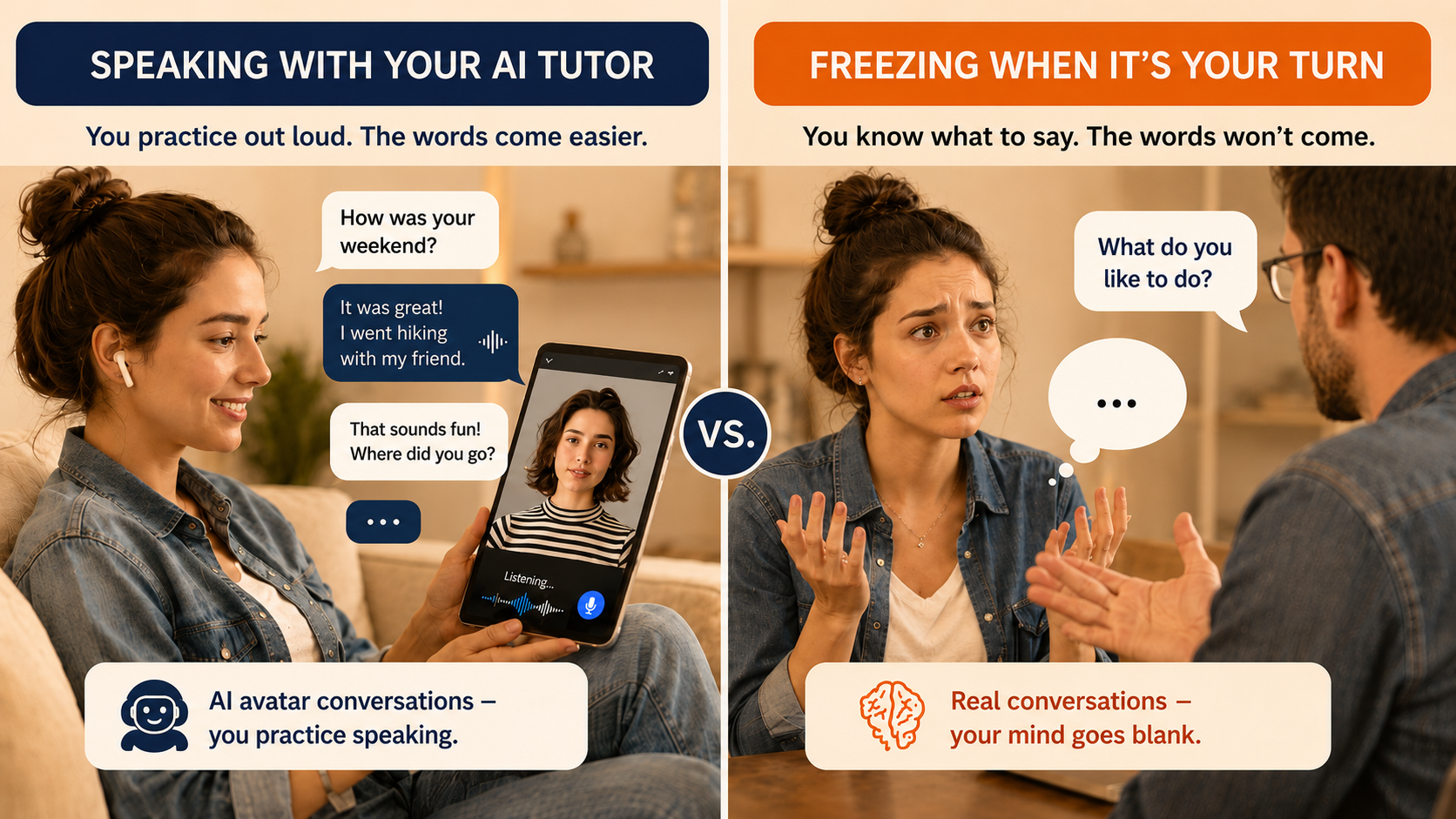 Left: practicing out loud with your AI avatar — safe, no judgment. Right: freezing in a real conversation when it's your turn to speak.